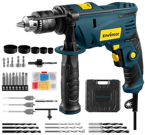 ENVENTOR 900W Schlagbohrmaschine, Elektrische Bohrmaschine mit 36 ​​Stück Zubehör, 2-in-1 Funktion, 0–3000 RPM, 360° Zusatzgriff, 13mm Bohrfutter, für Beton, Metall und Holz