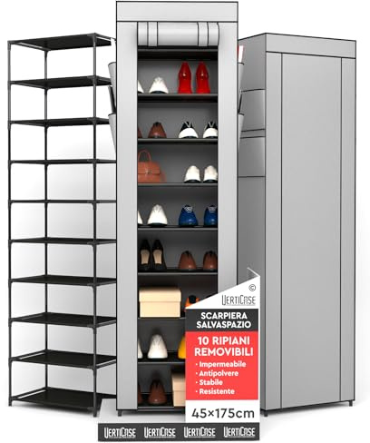 VertiCase Scarpiera Slim Salvaspazio 10 Ripiani in Tessuto Impermeabile Grigia 45x175x28cm - Scaffale Scarpe Verticale con Copertura Antipolvere - per Scarpe Sportive Tacchi Alti da Interno o Esterno