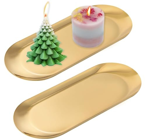 Candle Holders, 2 Pcs Gold Candle Trays Metal Candle Plates, Stainless Steel Oval Tealight Pillar Candles Trays for Table Home Christmas Decor