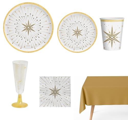 OH YEAH - Kit Vajilla Desechable 12 Personas Nochevieja - 80 Piezas - Blanco y Oro - Platos, Vasos, Servilletas - Decoración Mesa Fin de Año - Diseño con Estrellas Brillantes - Fiesta Navidad Elegante