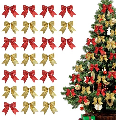 BSITSSS 24 Piezas Lazos Navidad, Rojo Dorado Arcos Navideños con Purpurina, Navidad Lazos para Regalo Árbol Navidad Fiestas Puerta Corona Decoración de Bodas