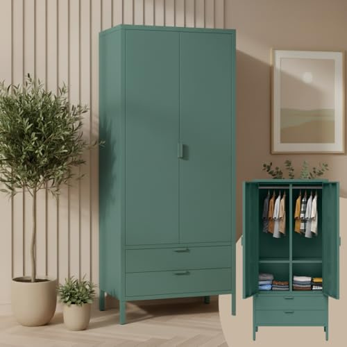 skølm Ituri Metallschrank Dunkelgrün – Kleiderschrank mit 6 Fächern, 2 Schubladen & 2 Kleiderstangen – Garderobenschrank Flur 80 cm breit – Schlafzimmerschrank Industrial – Stahlschrank Wohnzimmer