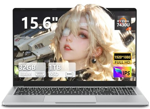 15,6 Pouces Ordinateur Portable Ryzen 5 7430U (4.3GHz) Processeur 32 Go RAM SSD 1 To PC Portable Win 11 Graphique Radeon Clavier Rétroéclairé Déverrouillage Empreinte Digitale USB 3.2 Type-C WiFi 6