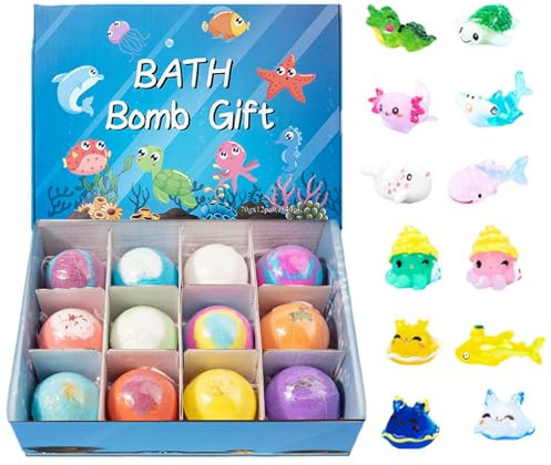 Juego De Bolas De Bomba De Baño - Paquete De 12 Artículos Orgánicos Hechos A Mano, Juguetes Baño para Niños, Piezas Coloridas para Jugar En Remojo | Esferas De Baños De Aromas Natural, Piezas