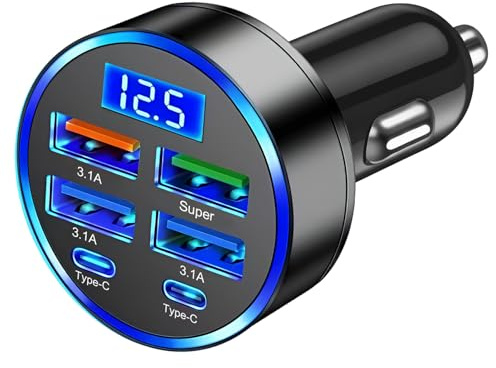 Car 6 in 1 Car USB Charger Super Fast Charge, 45W Cigarette Lighter | 6 Ports Charger Super Fast 30 minute Smart Charging, USB Adapter with LED Voltmeter, Car USB Socket 2 Port for iPhone Samsung