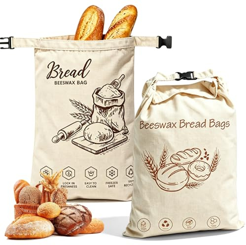 Nimblyne 2 stycken bivaxbrödpåse: 43 x 32 cm återanvändbar brödpåse med karbinhake och avtagbar TPU-innerfoder, brödpåse med bivaxduk foder för bröd och bakverk