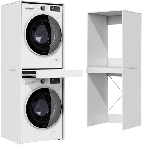 Wumagin Mueble para Lavadora, Armario Lavadora Secadora, Estanteria Lavadora con Estante Extraíble, Soporte en X y Dispositivo Antivuelco Mueble Vertical para Baño y Lavandería Doméstica (Blanco)