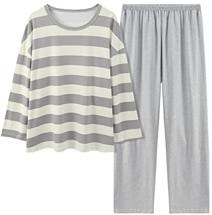 Nattkläder, damset, lång, bekväm hemmadräkt, 2 delar, stora storlekar | Tvådelade nattkläder med randiga pyjamasöverdel och enfärgade pyjamasbyxor, mode, hemmakläder, ledig vardagsklädsel