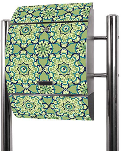 banjado® Standbriefkasten Edelstahl mit Zeitungsfach Motiv Kaleidoscop Grün/Briefkasten mit Standfuß/Edelstahl Briefkasten freistehend - A4 Einwurf inkl. 2 Schlüssel