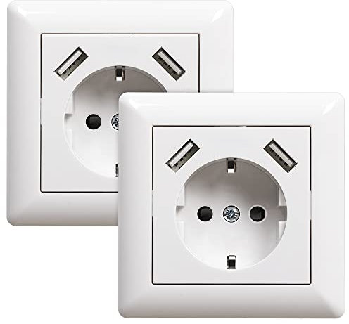 Sasudose 2 Pack Steckdose mit USB Anschluss (Max. 3.4A) Unterputz Schuko USB Steckdose Weiß System 55 Reinweiß Glänzend Wandsteckdose Schutzkontakt-Steckdose Passent in Standard Unterputzdose