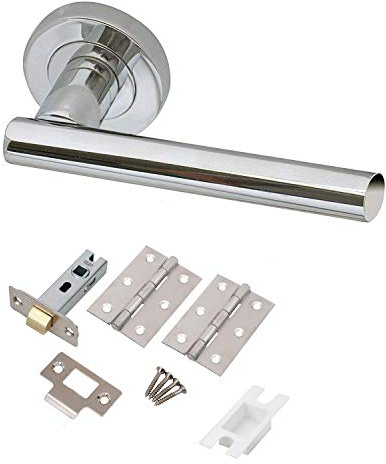 Golden Grace T-Bar Door Handles with Latch & Hinges, Polished Chrome, 1 Set | Includes spindle, screws, and 75mm hinges with a sprung lever mechanism to prevent sag on internal doors.