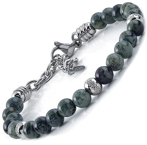 10:10 Edelstahlarmband und 6 mm naturgrüne Jaspissteine, Armband für Männer und Frauen. Verstellbares Armband Made in Italy…