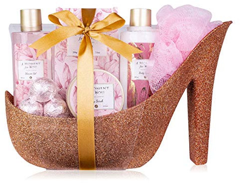 Accentra - Geschenkset Frauen A moment for you Jasminduft - Luxury Beauty Set mit Duschgel, Badesalz, Bodylotion, Scrub & Netzschwamm etc. – 9-Teiliges Bade Set für Frauen mit Glitzer Keramik-Pump