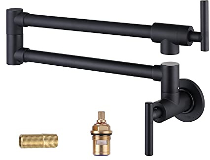 WOWOW Pot Filler Faucet Matte Black, Brass Pot Filler Wall Mount Kitchen Stove Faucet with Double Joint Swing Arms