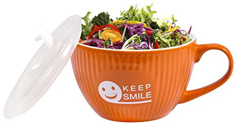 fMSDD Suppentasse mit Deckel, 794 ml, Keramik-Schüssel mit Griff und Deckel, spülmaschinen- und mikrowellengeeignet, Lebensmittelbehälter für Suppe, Eintopf, Nudel und Salat, Orange