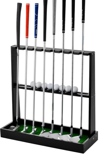 Stylish Wooden Golf Putter Stand Golf Club Holder, Indoor Display Rack with Artificial Grass Mat - Organizes 8 Clubs & 12 Balls for Home, Office and Club