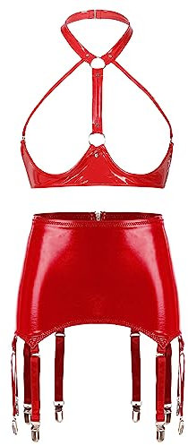 CHICTRY Woman's 2 Piece 1/4 Cup Balconette Shelf Bra Mini Skirt Garter Belt Set Lingerie Set 2# Red M