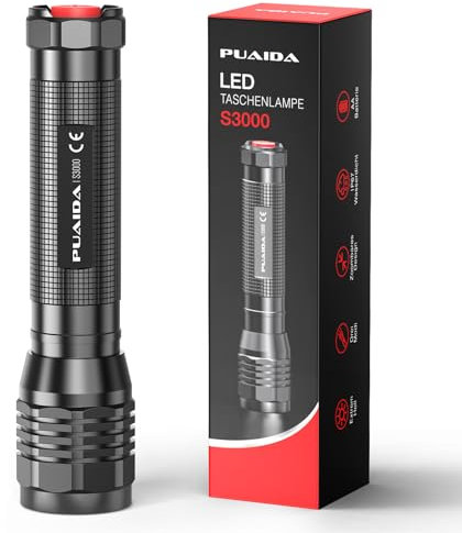 PUAIDA LED Taschenlampe S3000, 5000 Lumen LED Taschenlampe Extrem Hell mit 3 Modi, Lange Arbeitzeit Taschenlampe Batteriebetrieben, IP67 Wasserdicht Flaschlight für Camping Wandern Outdoor Notfälle