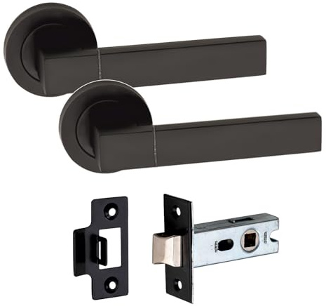 Golden Grace Capri Door Handles with 2.5 Latch, 1 Pair, Matt Black Finish | Supplied on a 52mm round rose with a durable metal build, including screws and fixings for quick internal door setup.