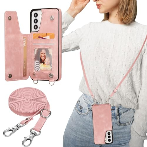 ZTOFERA Handyhülle mit Band Kette für Samsung Galaxy S21, Matt Weiche Rückseite Hülle mit Kartenfach Kordel Schnur Umhängeband, Premium PU Leder + TPU Schutzhülle Lanyard Case, Roségold
