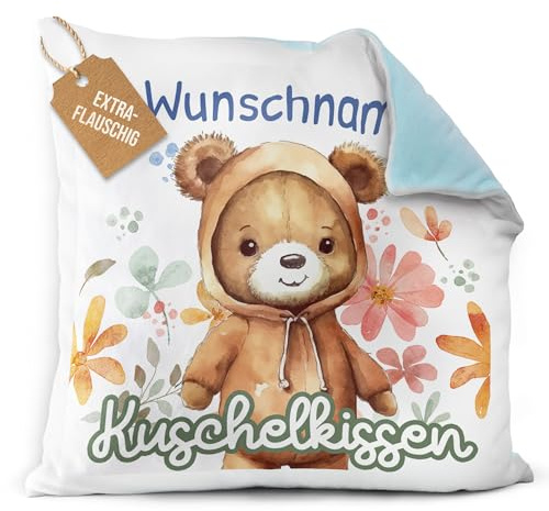 Print Royal PR Flauschiges Kuschel-Kissen für Kinder mit Füllung mit Name selbst gestalten - Bär Kissen für Mädchen und Jungs, Kinderkissen mit Name | 40 x 40 cm, Rückseite Hellblau Flauschig