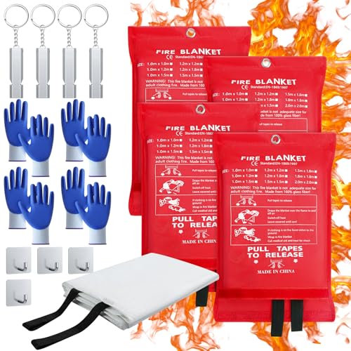 Copkim Notfall-Feuerlöschdecke, 119,8 x 119,8 cm, Notfall-Feuerlöschdecke für Küche, Fiberglas, Feuerunterdrückungsdecke mit Haken, Handschuhe, Notfallpfeifen, feuerfeste Decke für Zuhause,