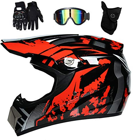 Unisex MTB Motocross Helm, mit Brille Handschuhe Maske, Jugend Kinder Volles Gesicht Offroad ATV Motorrad Roller Absturz Helm, BMX Bergab Enduro Quad Dreckiges Fahrrad Helm für Jungen Mädchen