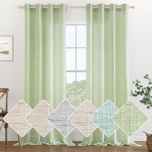 MIULEE Vorhang Gardinen Leinen mit ösen Voile Vorhänge Leinenoptik Gardinen Wohnzimmer Modern Fensterschal Kinderzimmer küchengardinen Schlaufenschal 2er Set 140x245 cm Grün | Moderne Lichtdurchlässige Fensterschals für Wohnzimmer, Küche & Schlafzimmer, Durchscheinende Dekorative Schlaufenschal