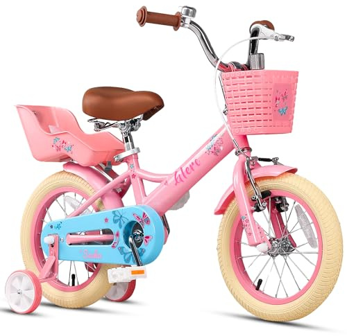 Glerc Sasha Girls Bike, 14 Inch Kids Bike for Ages 3-5 Years Old Children, Retro Vintage Style Kids Bicycle with Doll Bike Seat, Basket and Training Wheels, Pink
