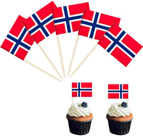 POPOYU 100 st mini Norge flagga tandpetare cupcake-toppar, Norge flaggor cocktailpinnar trä tårttoppare smörgåsdekorationer för eurovision-fest, euros fotbollsmatch, olympiska 2024 dekorationer