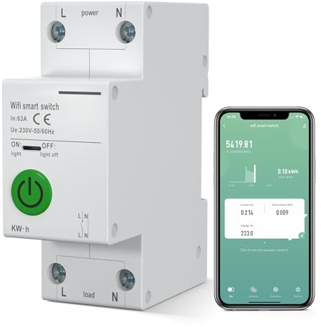 CREECHWA WLAN-Schutzschalter, 2-Polig, Intelligenter Leistungsschalter, 63A, 230V - 50/60Hz, Tuya APP-Unterstützung, Sprachbefehl kompatibel mit Alexa und Google Home, Smart Stromzähler 2p