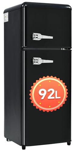 DRIXNO Retro-Kühlschrank. Kühl-Gefrier-Kombination, 105.5 cm hoch, 41 cm breit, zweitürig, 92 Liter Gesamtvolumen, mit 28 Liter Gefriervolumen.181 kWh/Jahr, -27°C ~13°C, LED-Licht