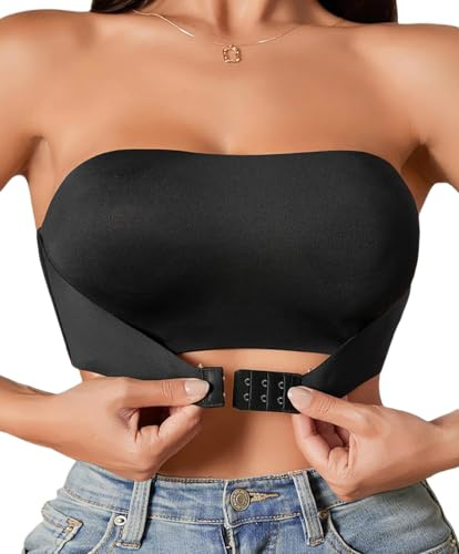 Varsbaby Soutien-Gorge Bandeau Femme sans Bretelles, Anti-dérapant Silicone, Brassière Tube Élastique sans Rembourrage(D452-Black-L)