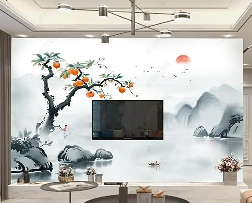3D Efecto Paisaje En Tinta China Con Pájaros Volando Fotomurales Mural Papel Pintado Pared Salón Dormitorio Pasillo Moderna Decoración De Pared 150(W) X105(H) Cm