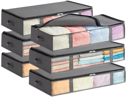 Lifewit Bolsas de Almacenaje para Debajo de la Cama, Cajas para Guardar Ropa con Ventana Transparente Frontal, Organizadore Armario para Toallas, Mantas, Gris, 75 L, 6 Piezas