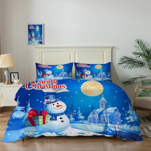 JEDTAKCT Weihnachts Bettwäsche 135x200cm Blauer Sternenhimmel Warm Weiche Bettwäsche Set Weihnachten Microfaser Schneemann Bettbezug Kissenbezug 80x80cm mit Reißverschluss