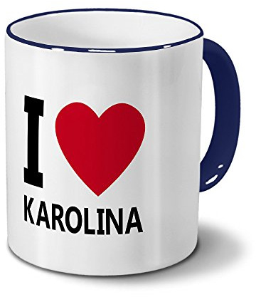 printplanet Tasse mit Namen Karolina - Motiv I Love Karolina - Namenstasse, Kaffeebecher, Mug, Becher, Kaffeetasse - Farbe Blau