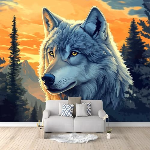 Art Papier peint intissé 250 x 175 cm Papier Peint Panoramique pour Salon Chambre Bureau décor mural moderne Animaux Loup De Forêt Dessin Animé Papier peint Couleur Orange Couvrir les petites fissures