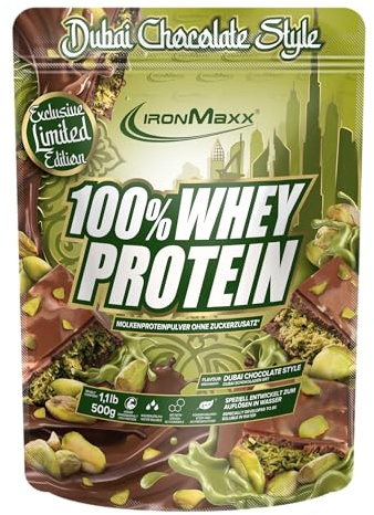 IronMaxx 100% Whey Protein Pulver 500g - Dubai Chocolate | Cremiger Eiweißshake mit BCAAs & EAAs | High Protein, Low Carb & zuckerarm | Ideal für Muskelaufbau, Diät & Fitness