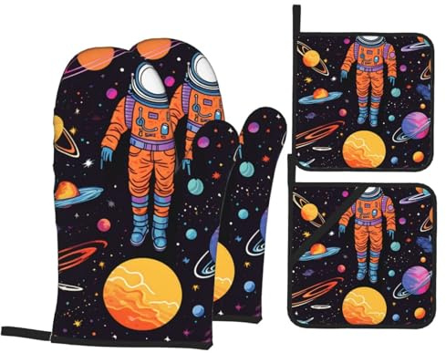 HYTTER Cool Man in Outer Space Galaxy Picture Oven Mitts and Pot Holders Sets for Kitchen Baking - Insulated, Thick, Durable, and Anti-Scalding