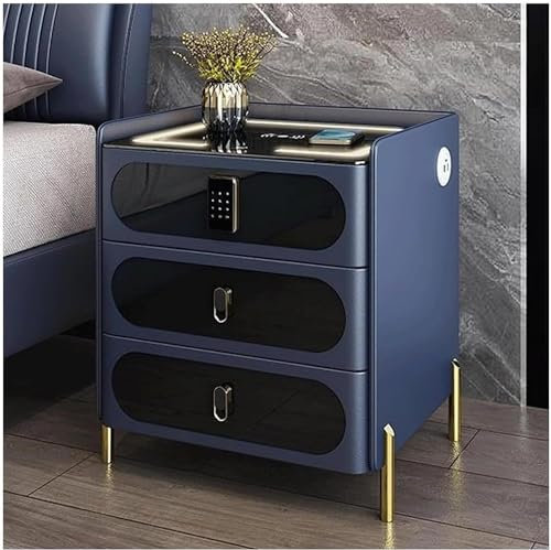 Smart Bedside Table with Wireless Charging Station, Wooden Bedside Table, 3 Drawers with USB, Bedside Table with Lock lour: Blue, Size: 45 cm (Blue