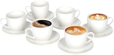LIVELLO Amalfi Juego de 6 tazas de café de 12 piezas – 6 tazas de café de porcelana con platillos de 250 ml, tazas grandes de café y capuchino, color blanco clásico, elegante servicio de café