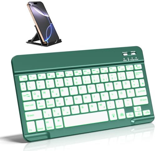 Vobafe Bluetooth Tastatur 7-Farbiges Beleuchtete Tastatur iPad, QWERTZ DE | mit Telefonhalter, Ultradünn Kabellose Tastatur für iPad/Tablet/Laptop/Smartphone (iOS/Android/Windows Systeme), Tannengrün