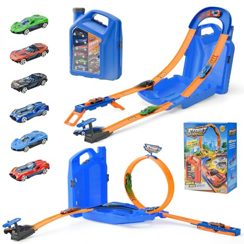 LTFIOON Pista Macchinine 2 in 1, Circuito per Bambini con 6 Auto, Piste Macchinine per Bambini, Anello e Binari a U, Set per Costruire Piste, Giocattolo Piste da Corsa per Ragazzi 3-8 Anni (Blu)