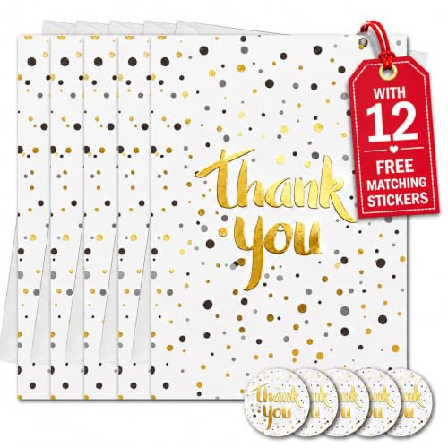 SIMPLY GIFTED Thank You Cards Multipack of 12/24 with Envelopes & Matching Thank You Stickers - Confetti Dots Designs Blank Inside - 12x17cm Thankyou Cards for Teachers Kids - Made in UK