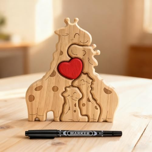 Holzkunstpuzzle der Giraffefamilie Familienpuzzle Giraffen aus Holz Personalisiertes Holzkunstpuzzle Holz Giraffe Skulpturen Desktop Holzpuzzle für Mama, Papa (Giraffefamilie 4)
