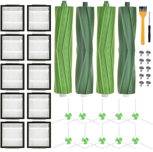 SaiXuan Kit de Recambios para Roomba iRobot i3/i3+, i4, i6/i6+, i7/i7+, i8/i8+, E5 E6 E7 – 2 Juegos de Rodillos, 10 Filtros, 10 Cepillos Laterales, 10 Tornillos, Cepillo de Limpieza y Destornillador