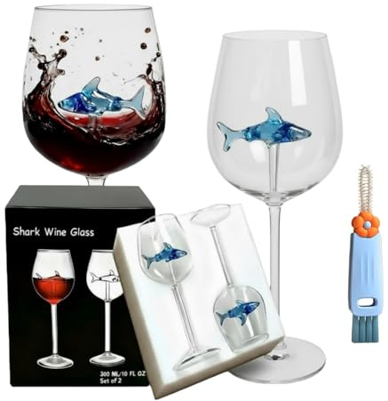 Shark Wine Glasses Set of 2 with Cleaning Brush, 3D Blue Shark Inside Crystal Goblets, Unique Wine Glass Gifts for Women, Wedding, Birthday, Anniversary, Party, Halloween