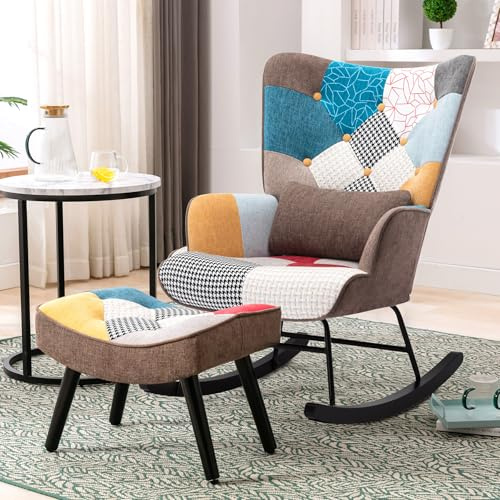 HomeMiYN Rocking Chair with Footstool and Soft Lumbar Patchwork Nursery Accent Chair Wood Legs High Back for Living Room Bedroom