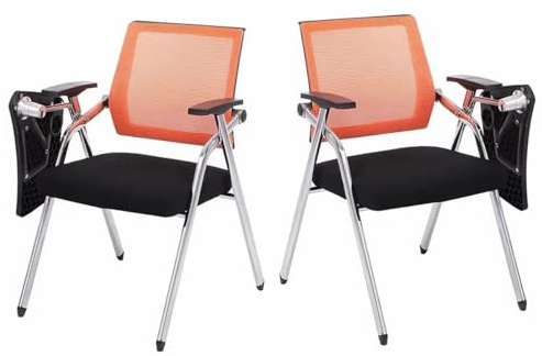 GIZNXBA Ergonomische Besucherstühle Mit Netzrückenlehne Und Integriertem Schreibtisch Stapelbarer, Klappbarer Bürostuhl Konferenz- Und Wartezimmerstühle Mit Lendenwirbelstütze(Orange,2pcs)